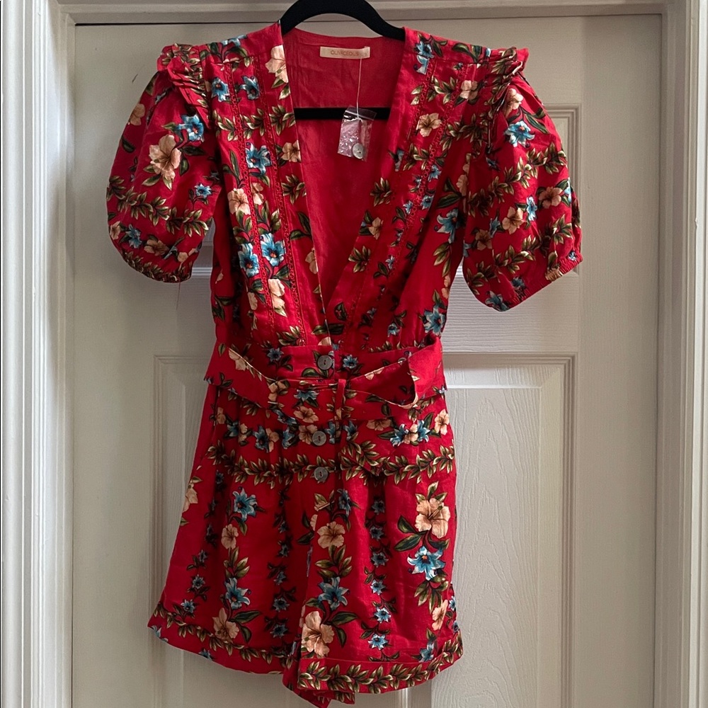 NWT Coral Red Floral V-Neck Romper